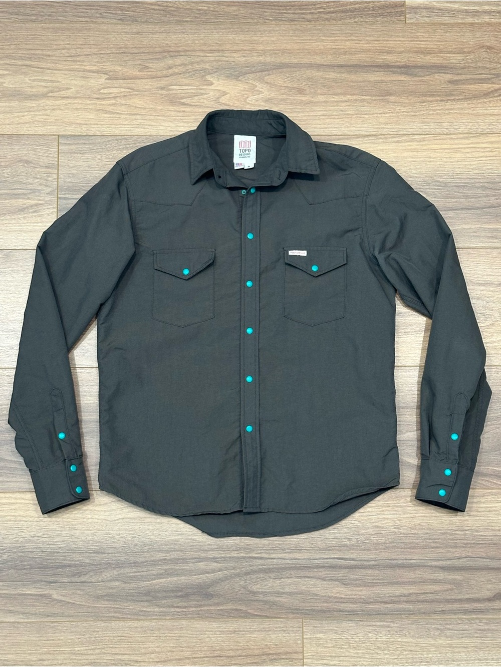 Topo Designs Wind Shirt Western Snap Shirt in Gray/Teal Size Small